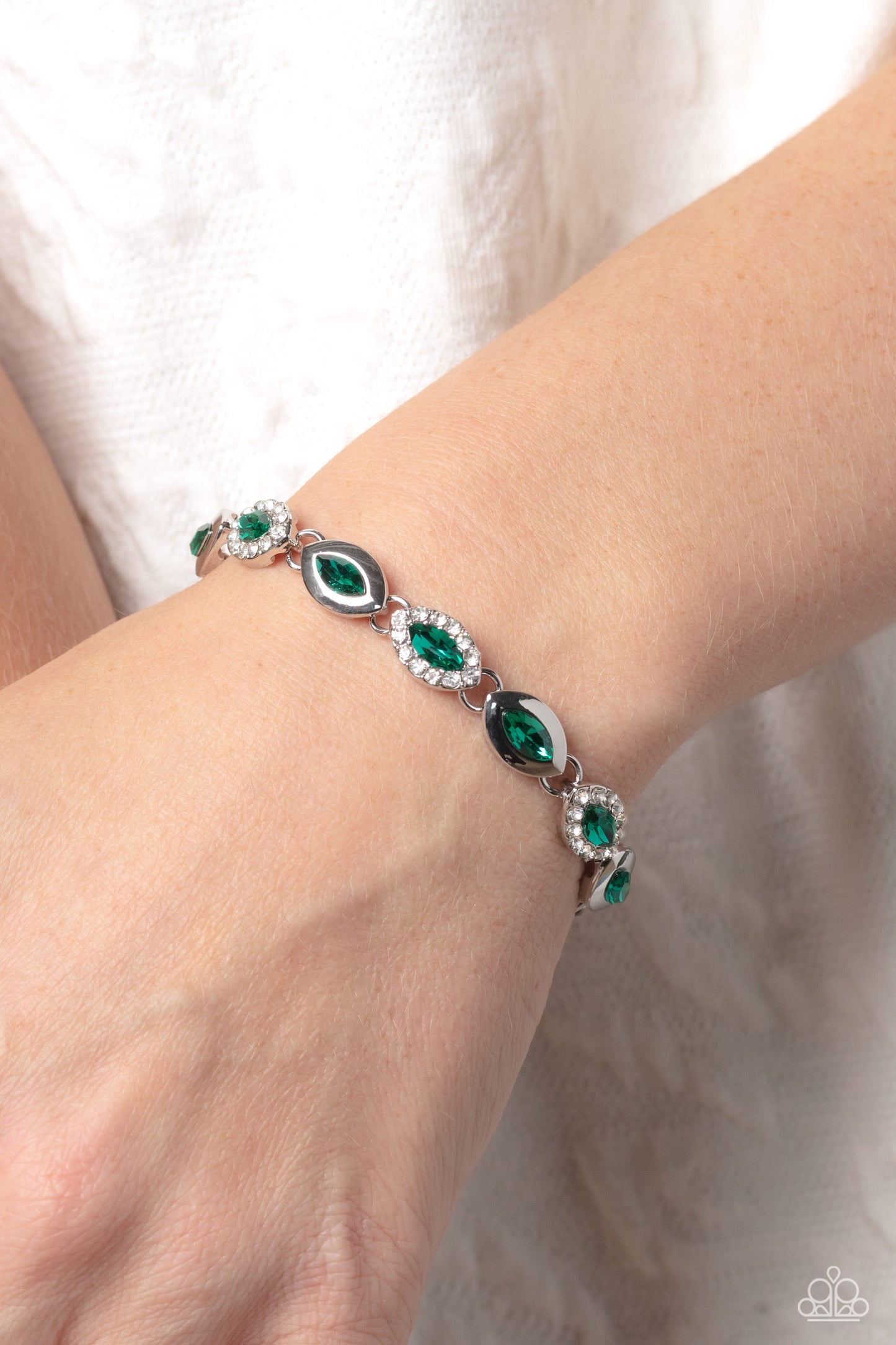 Some Serious Sparkle - Green - Emerald Green Marquise Rhinestone Bracelet Paparazzi B1271