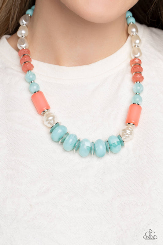 A SHEEN Slate - Blue Waterspout, Coral & Pearly White Bead Necklace Paparazzi N1577