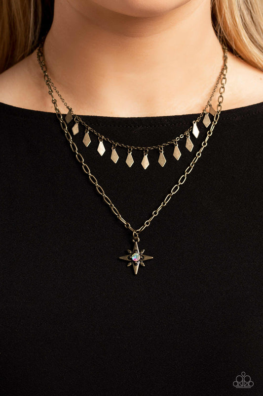 The Second Star To The LIGHT - Brass Star Iridescent Rhinestone Paperclip Chain Double Layer Necklace Paparazzi N1766