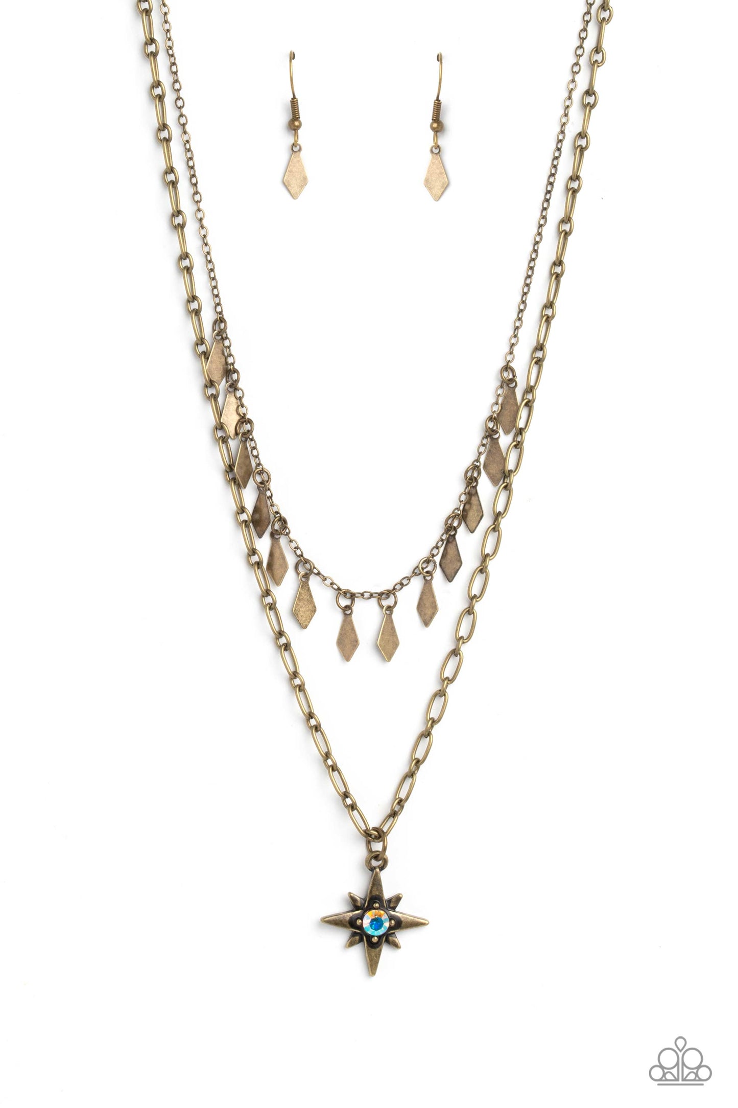 The Second Star To The LIGHT - Brass Star Iridescent Rhinestone Paperclip Chain Double Layer Necklace Paparazzi N1766