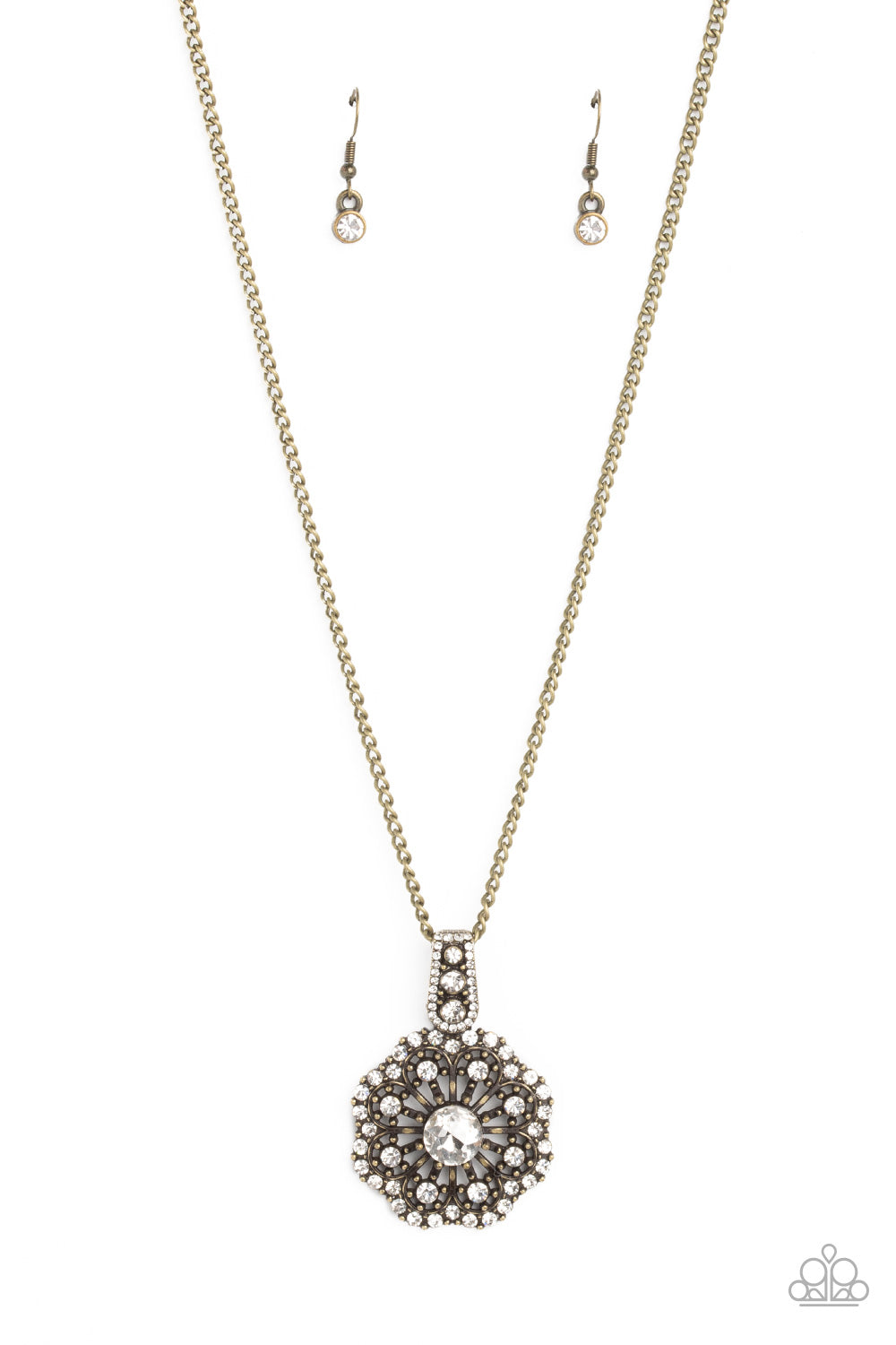 Bewitching Brilliance - Brass Chain White Rhinestone Floral Necklace Paparazzi N0737