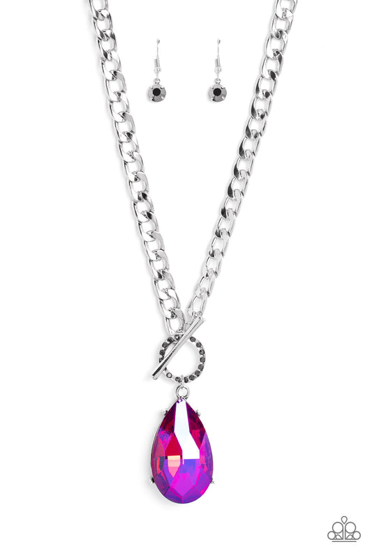 Edgy Exaggeration - Pink UV Shimmer Teardrop Gem Necklace Life Of The Party May 2023 Paparazzi N1615