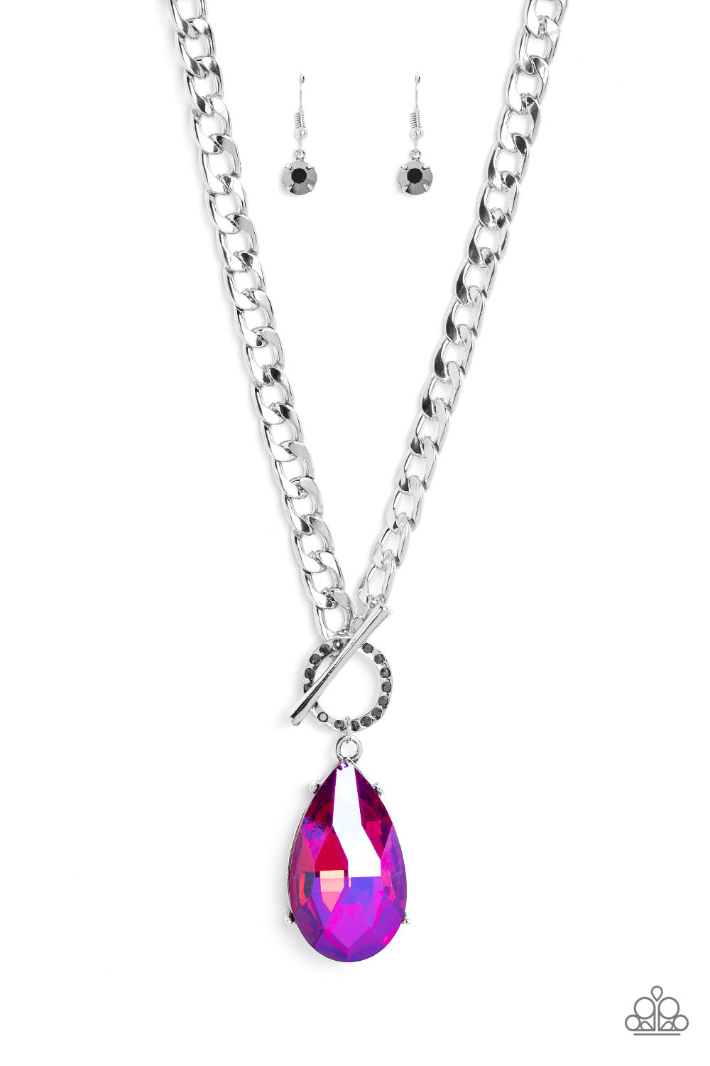 Edgy Exaggeration - Pink UV Shimmer Teardrop Gem Necklace Life Of The Party May 2023 Paparazzi N1615