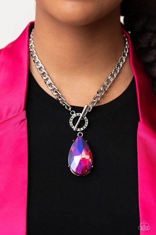 Edgy Exaggeration - Pink UV Shimmer Teardrop Gem Necklace Life Of The Party May 2023 Paparazzi N1615