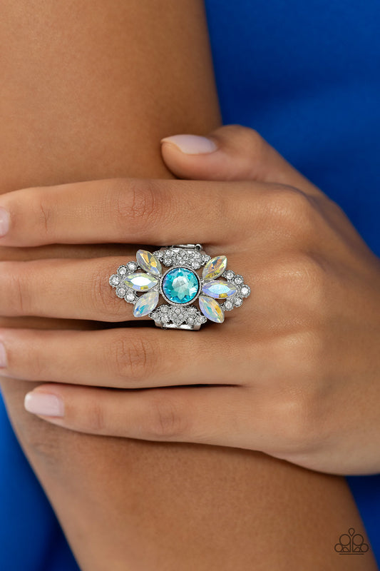 GLISTEN Here! - Blue, White Rhinestone Iridescent Gem Ring Life Of The Party July 2023 Paparazzi R0496