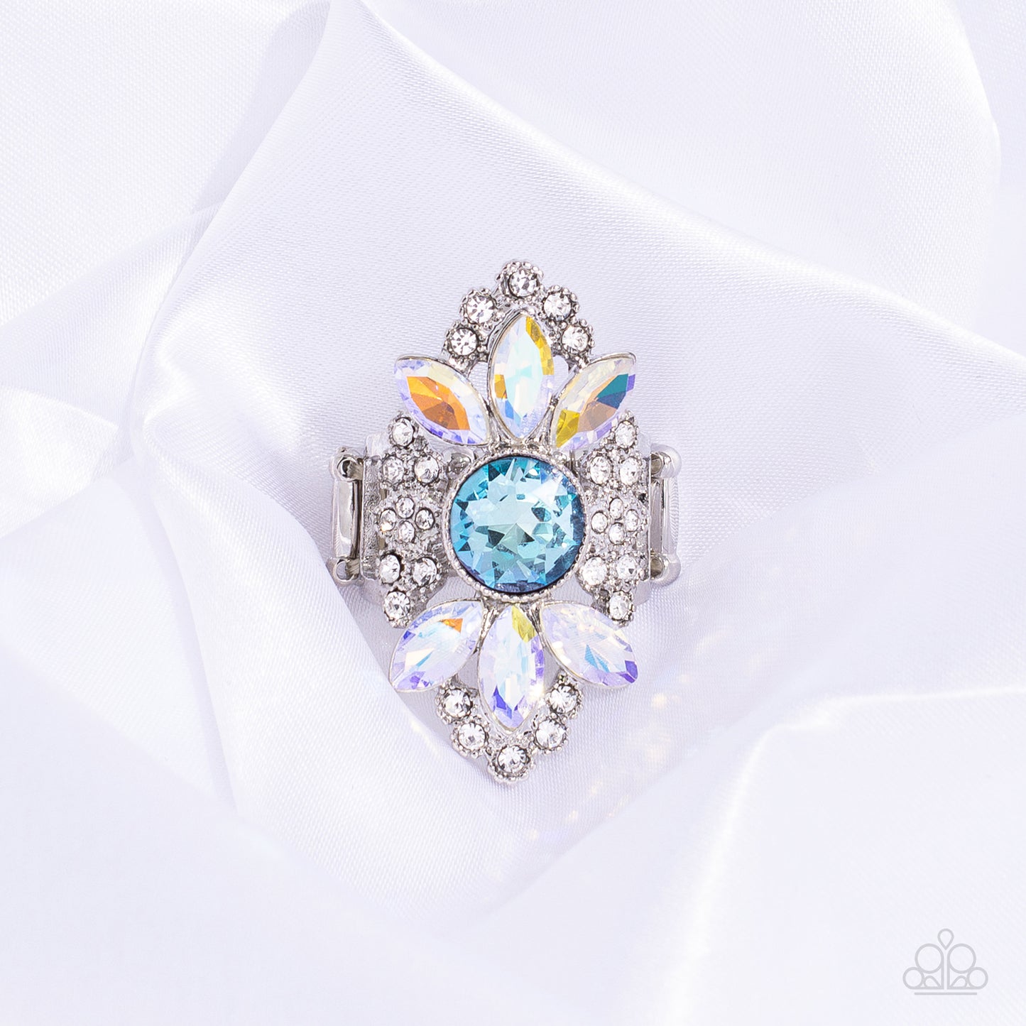 GLISTEN Here! - Blue, White Rhinestone Iridescent Gem Ring Life Of The Party July 2023 Paparazzi R0496