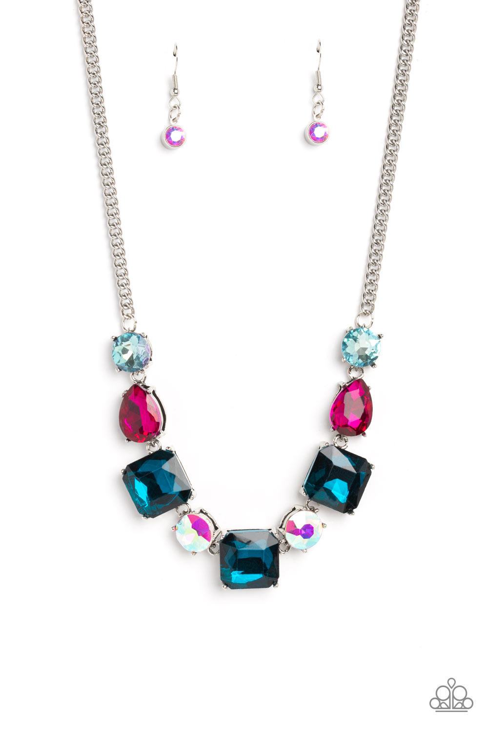 Elevated Edge - Multi Fuchsia, Light & Dark Blue And Iridescent Rhinestone Necklace Life Of The Party March 2023 Paparazzi N1449