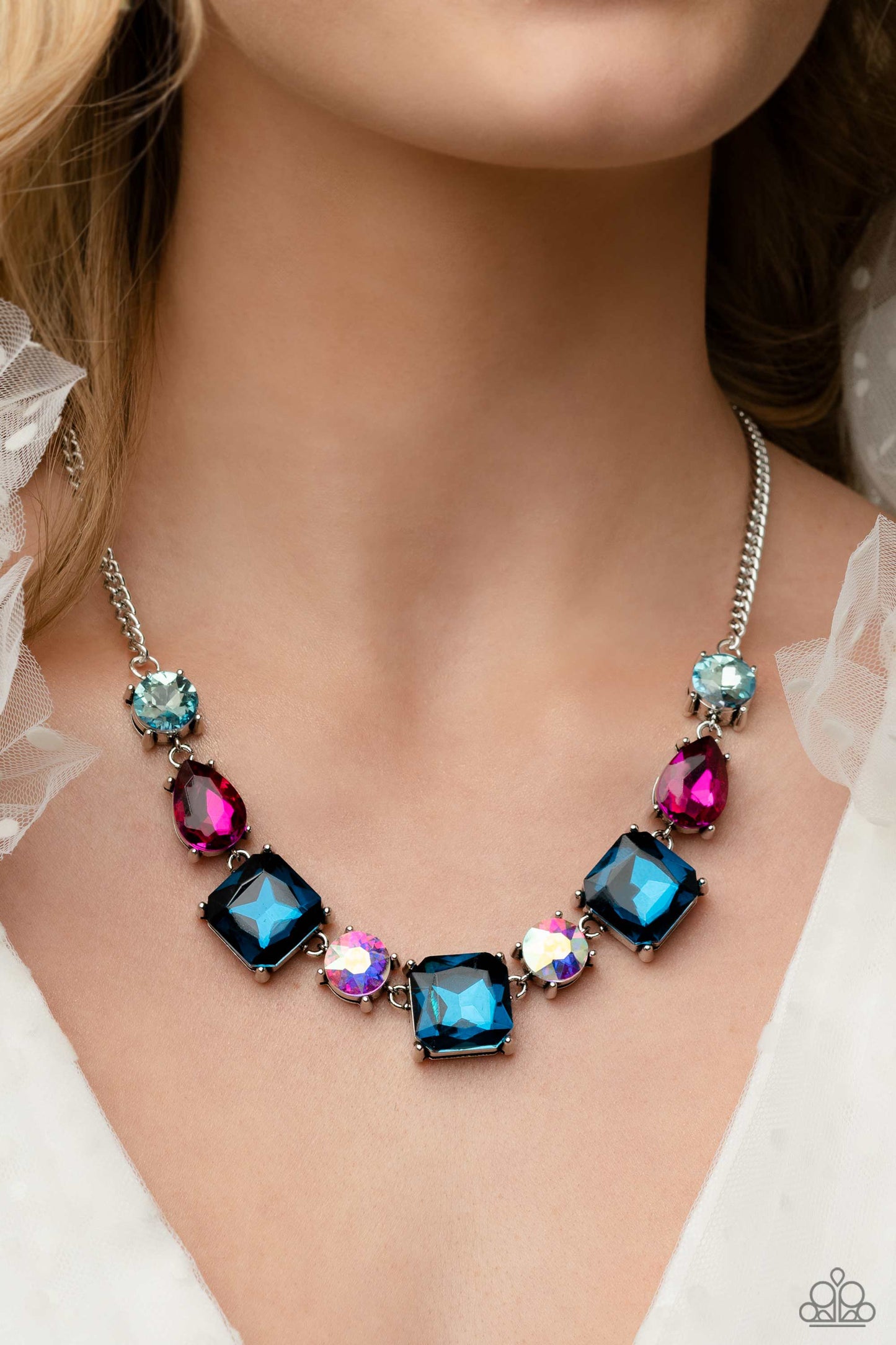 Elevated Edge - Multi Fuchsia, Light & Dark Blue And Iridescent Rhinestone Necklace Life Of The Party March 2023 Paparazzi N1449