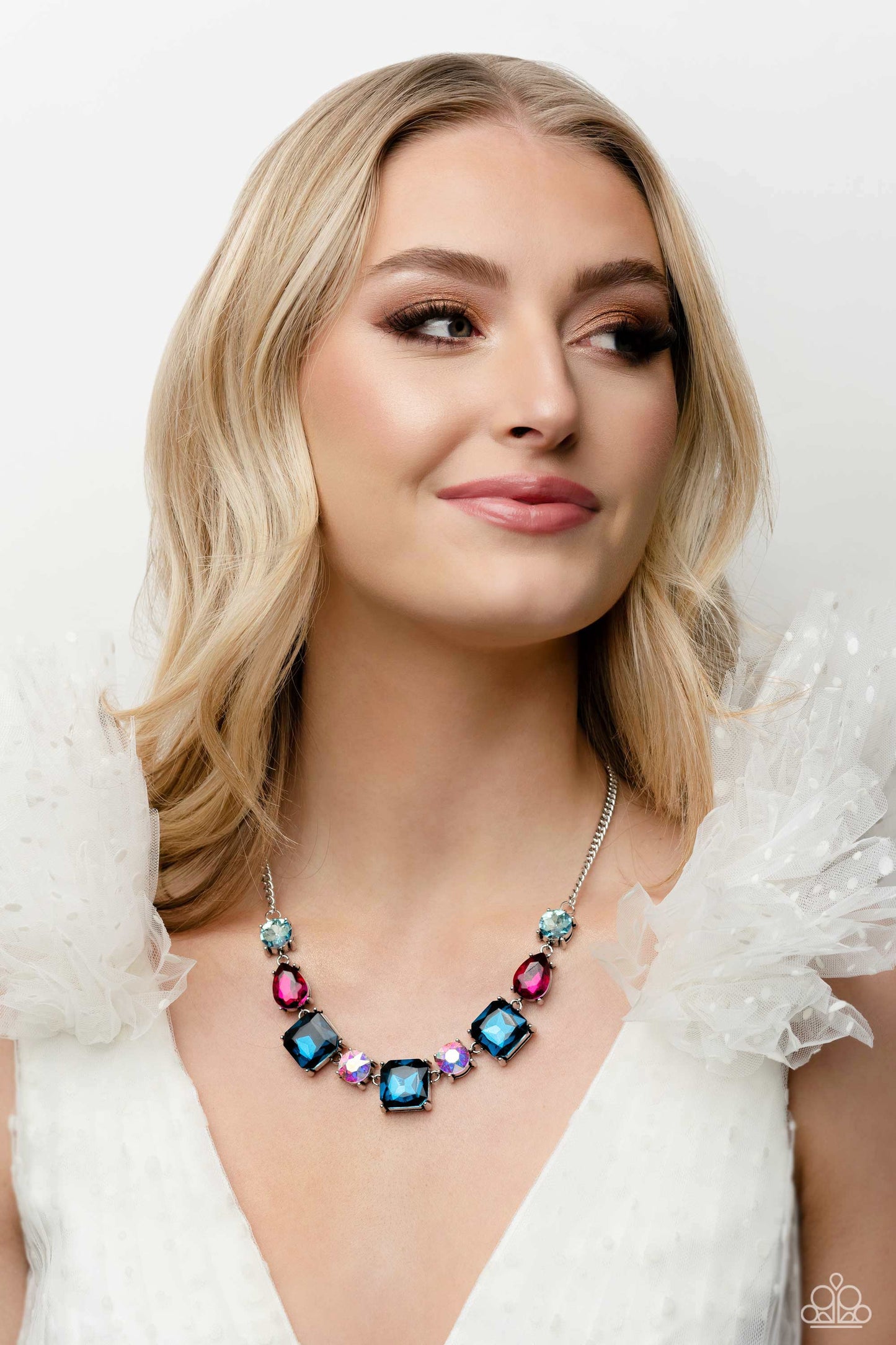 Elevated Edge - Multi Fuchsia, Light & Dark Blue And Iridescent Rhinestone Necklace Life Of The Party March 2023 Paparazzi N1449