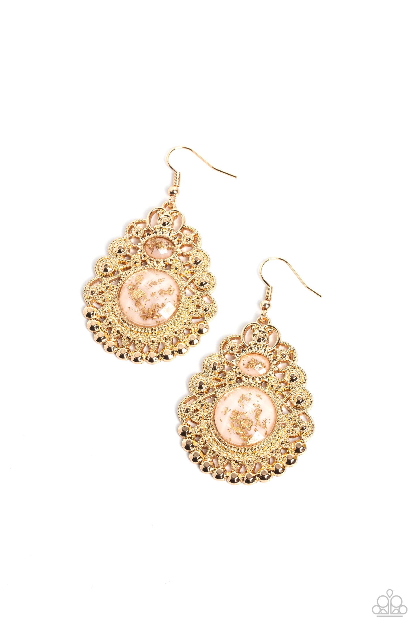 Welcoming Whimsy - White Bead Gold Foil Filigree Earring Paparazzi E1620