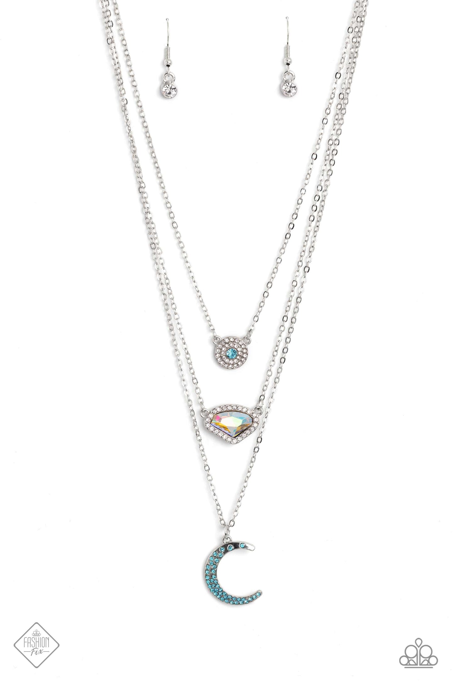 Lunar Lineup - Blue Aquamarine Rhinestone Moon Layered Necklace Fashion Fix August 2023 Paparazzi N1684