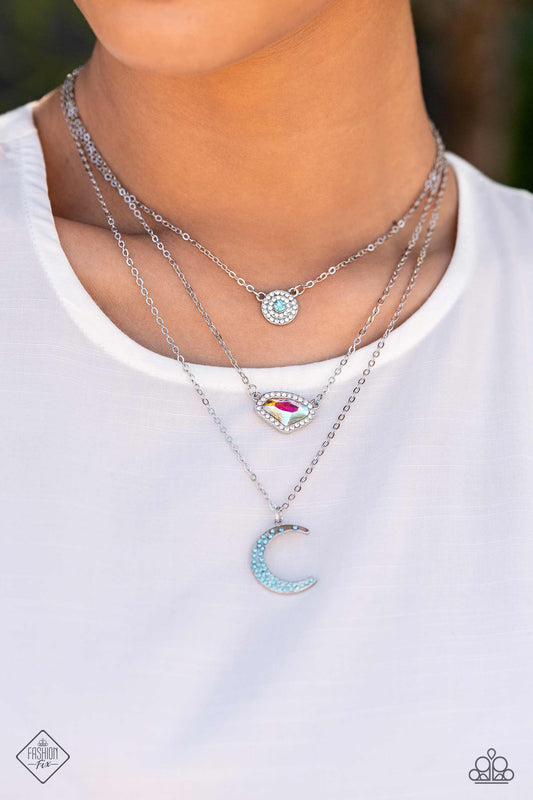 Lunar Lineup - Blue Aquamarine Rhinestone Moon Layered Necklace Fashion Fix August 2023 Paparazzi N1684