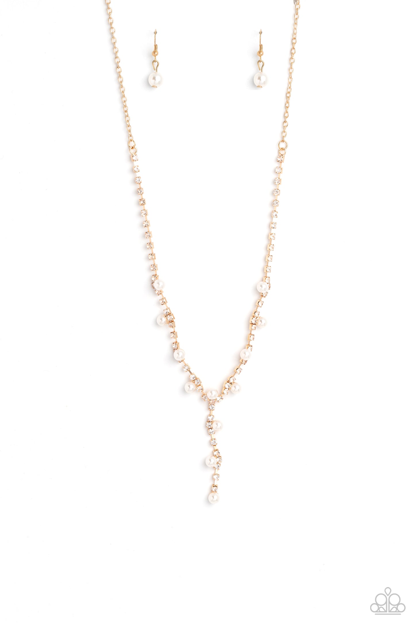 Upper Class - Gold White Rhinestone & Pearl Y Necklace Paparazzi N1588