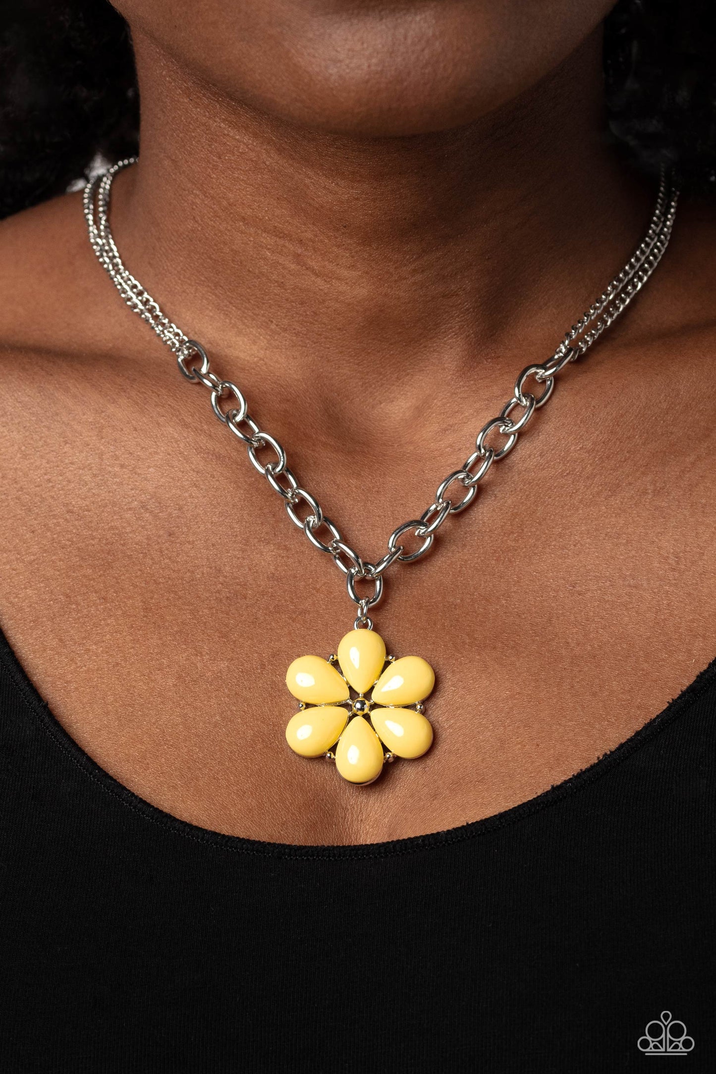 Dazzling Dahlia - Yellow Dahlia Flower Silver Chain Necklace Paparazzi N1969