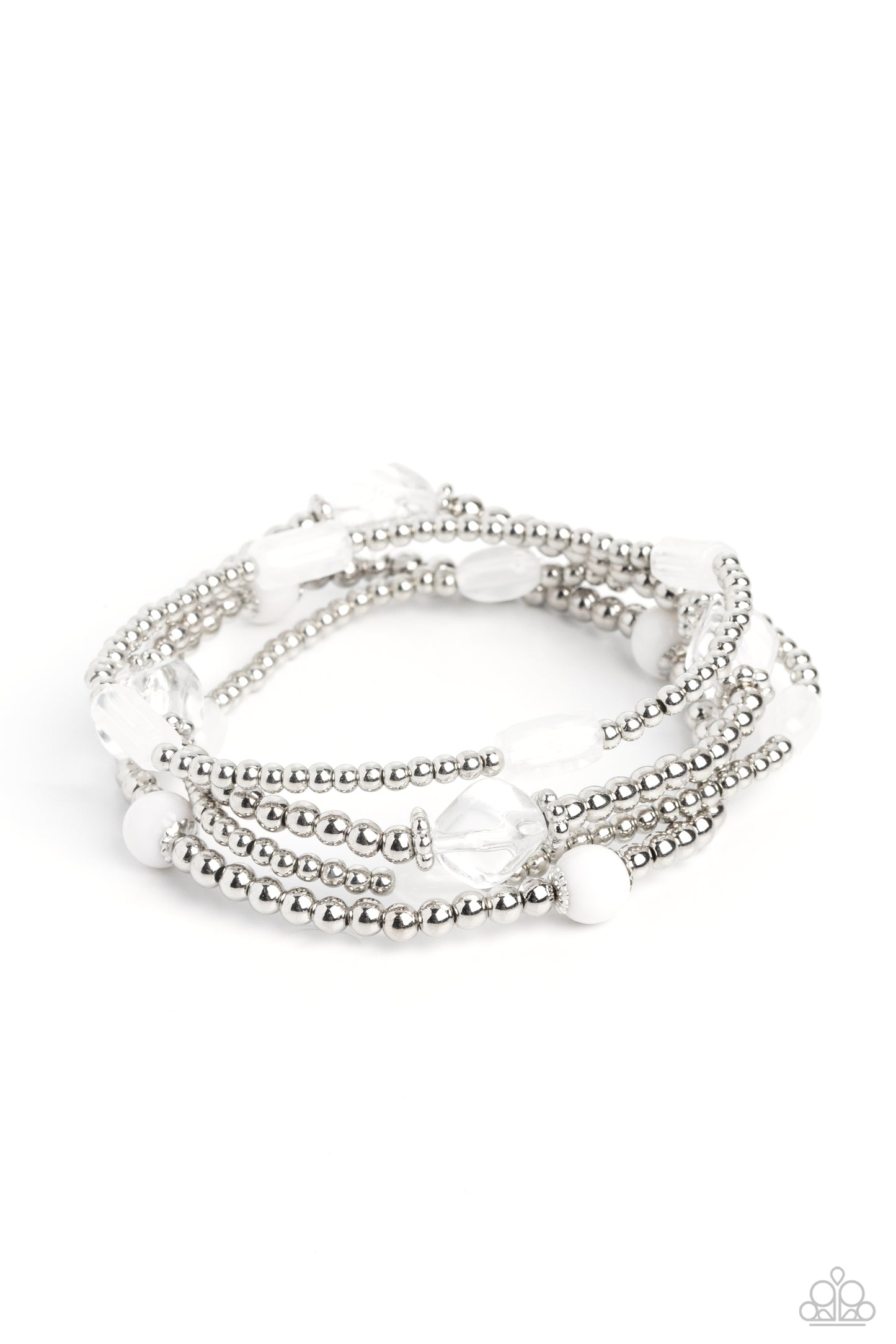 Geometric Guru - White & Silver Accent Stretch Bracelets Paparazzi B1135