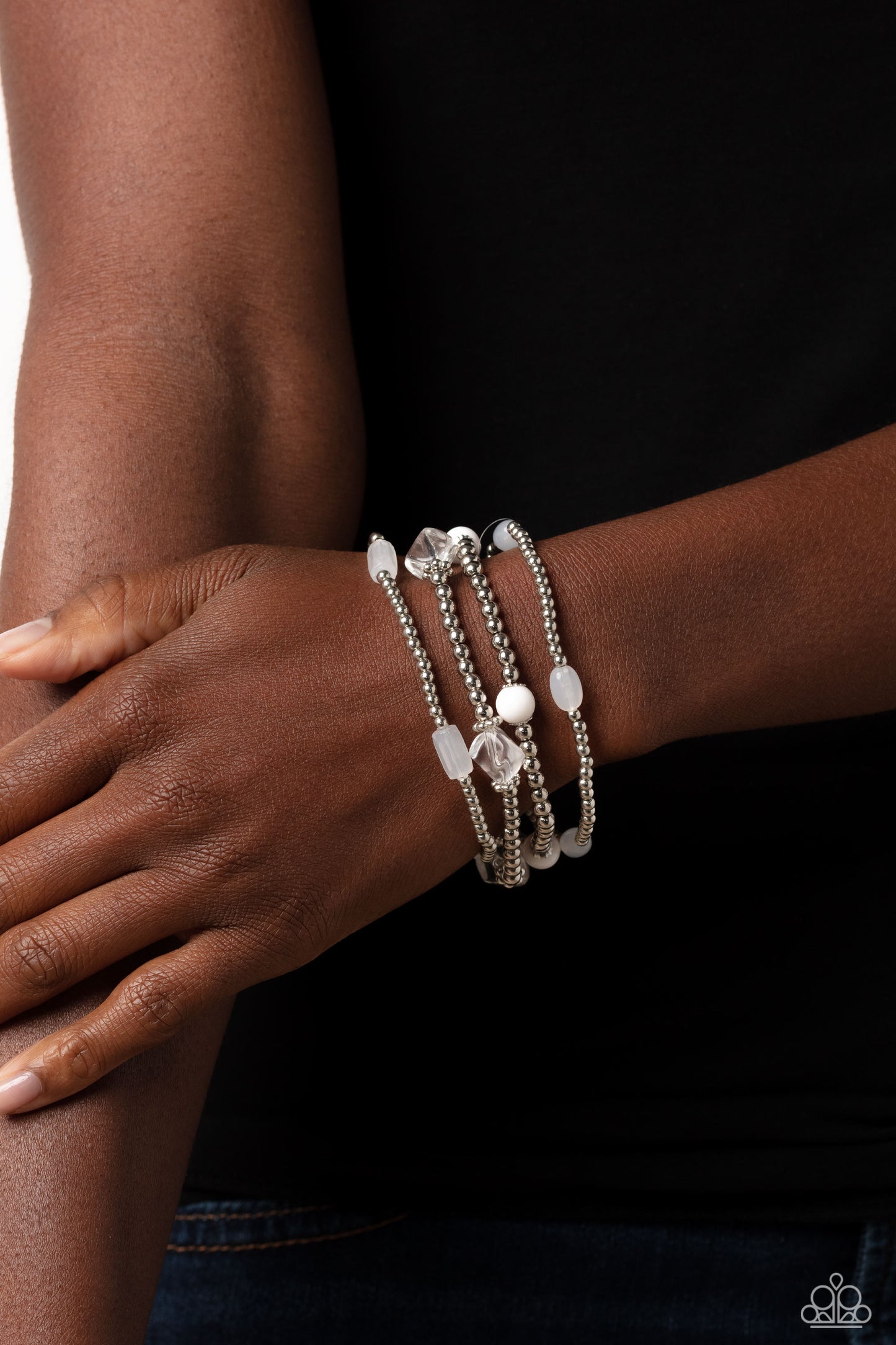 Geometric Guru - White & Silver Accent Stretch Bracelets Paparazzi B1135