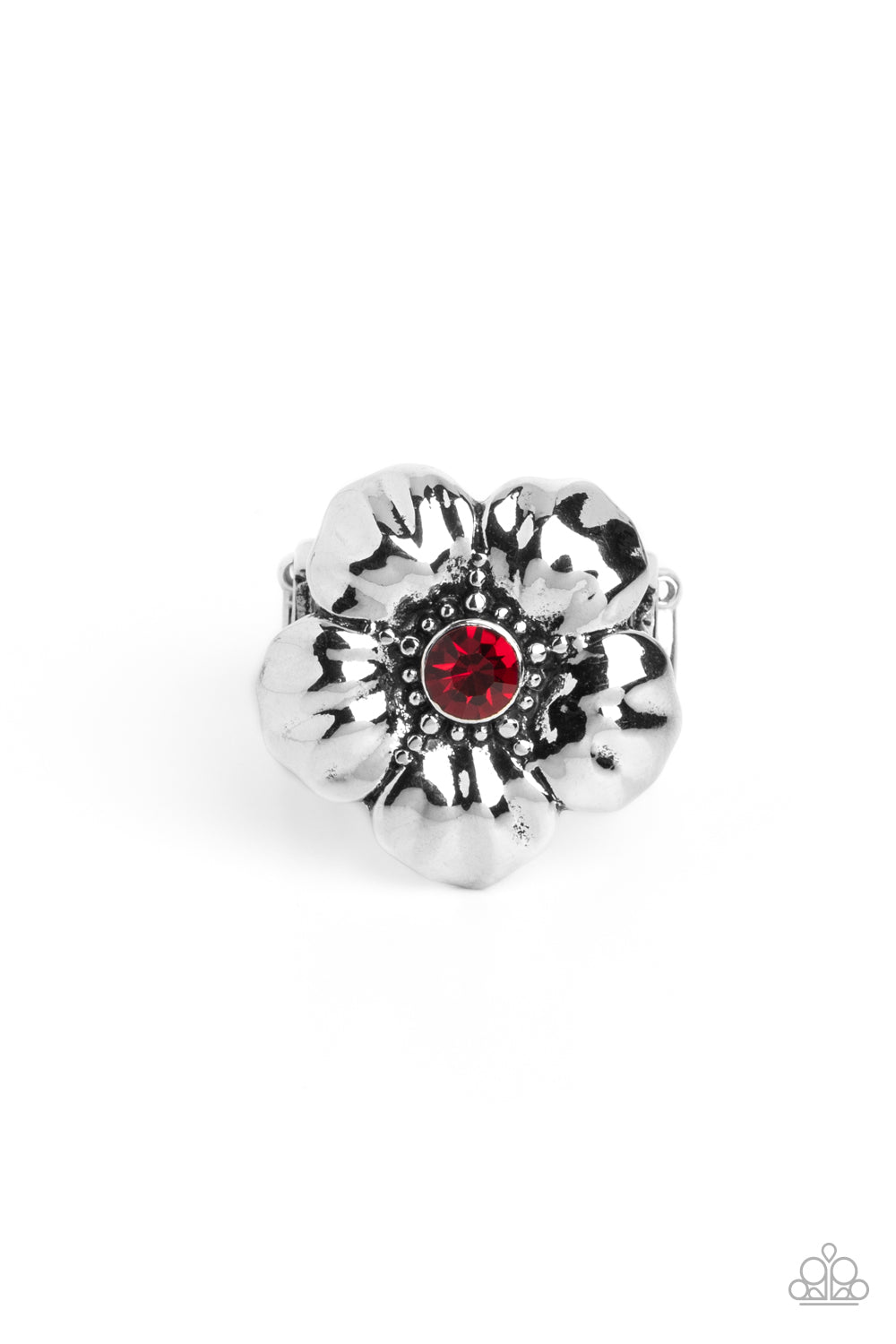 BLOOM BLOOM Pow - Red Siam Rhinestone Silver Tropical Flower Ring Paparazzi R0523