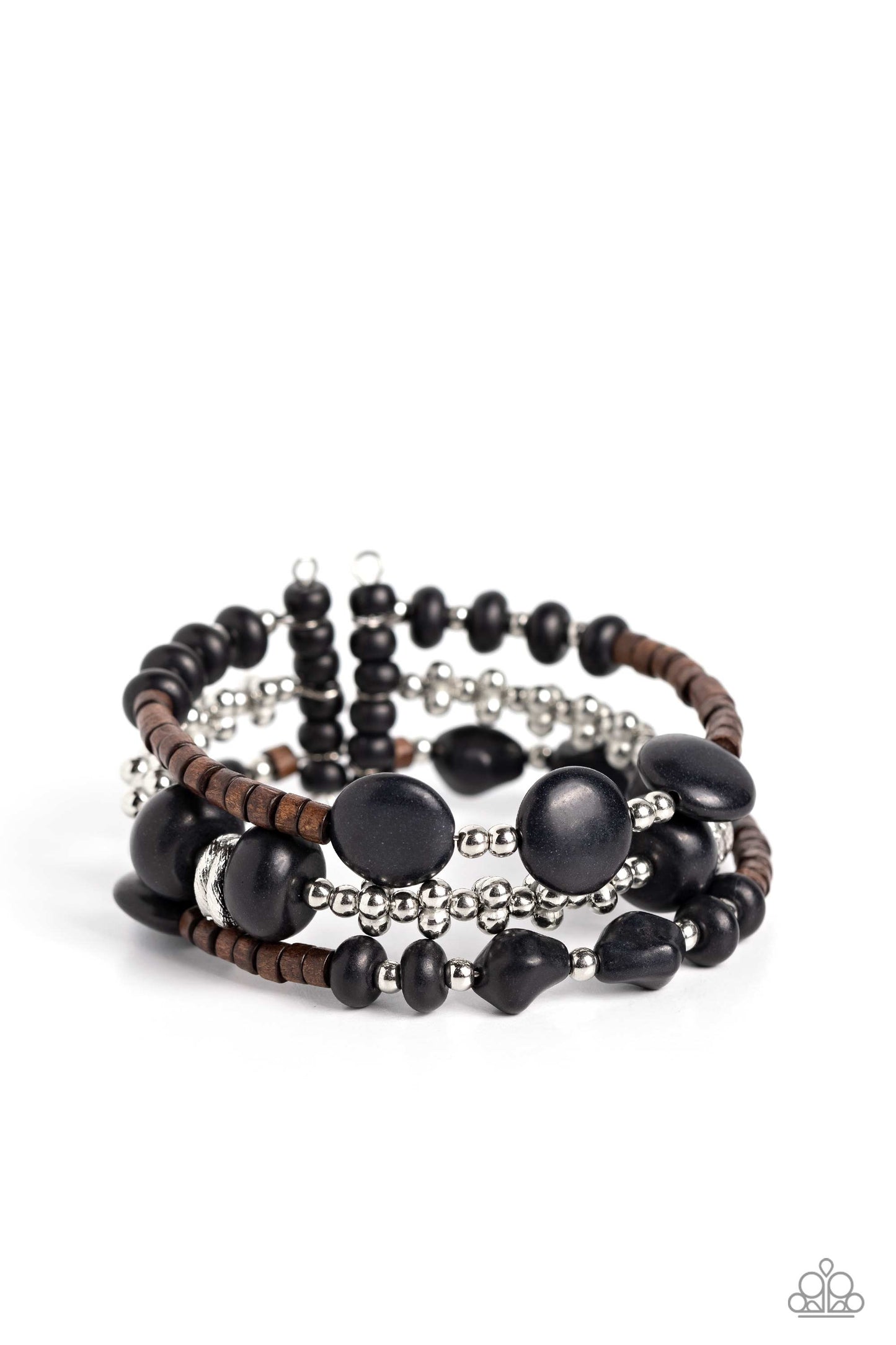 Operation Outdoors - Black Stone Brown Wooden Bead Santa Fe Style Stretch Cuff Bracelet Paparazzi B1261