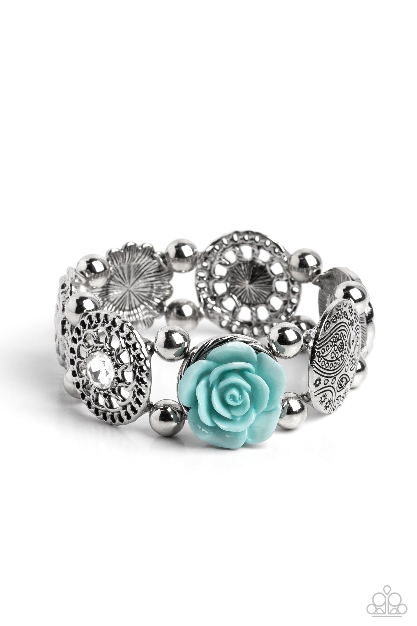 Optimistic Oasis - Blue Spun Sugar Resin Rose & Silver Stretch Bracelet Paparazzi B1082