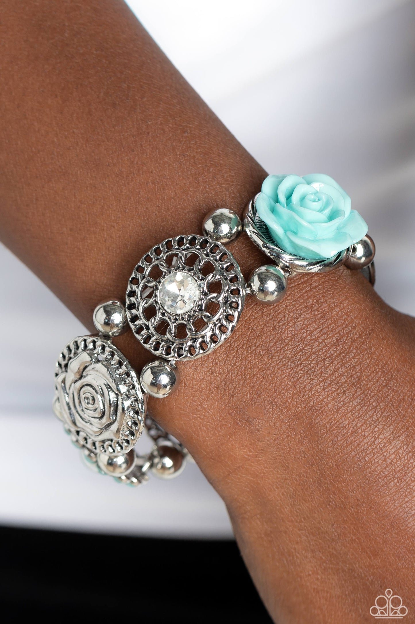 Optimistic Oasis - Blue Spun Sugar Resin Rose & Silver Stretch Bracelet Paparazzi B1082