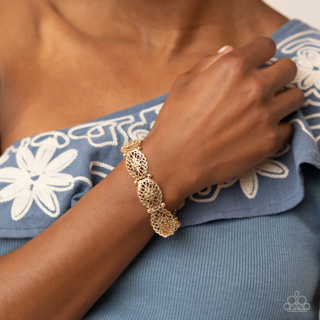 Curly Chic - Gold Shiny Filigree Stretch Bracelet Paparazzi B1321