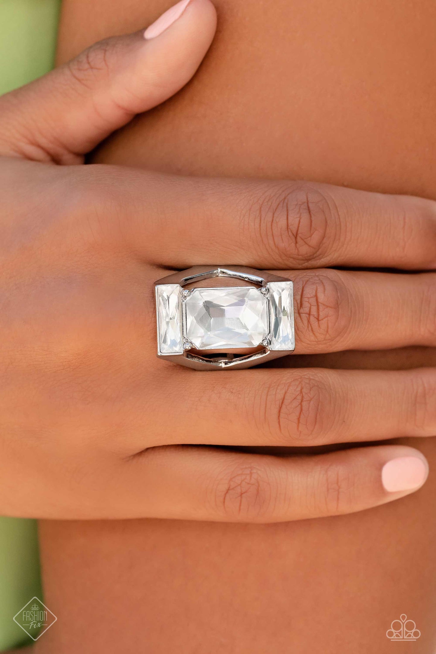 Right As CHAIN - White Oversized Emerald Cut Gem Ring Fashion Fix Paparazzi March 2023 R0430