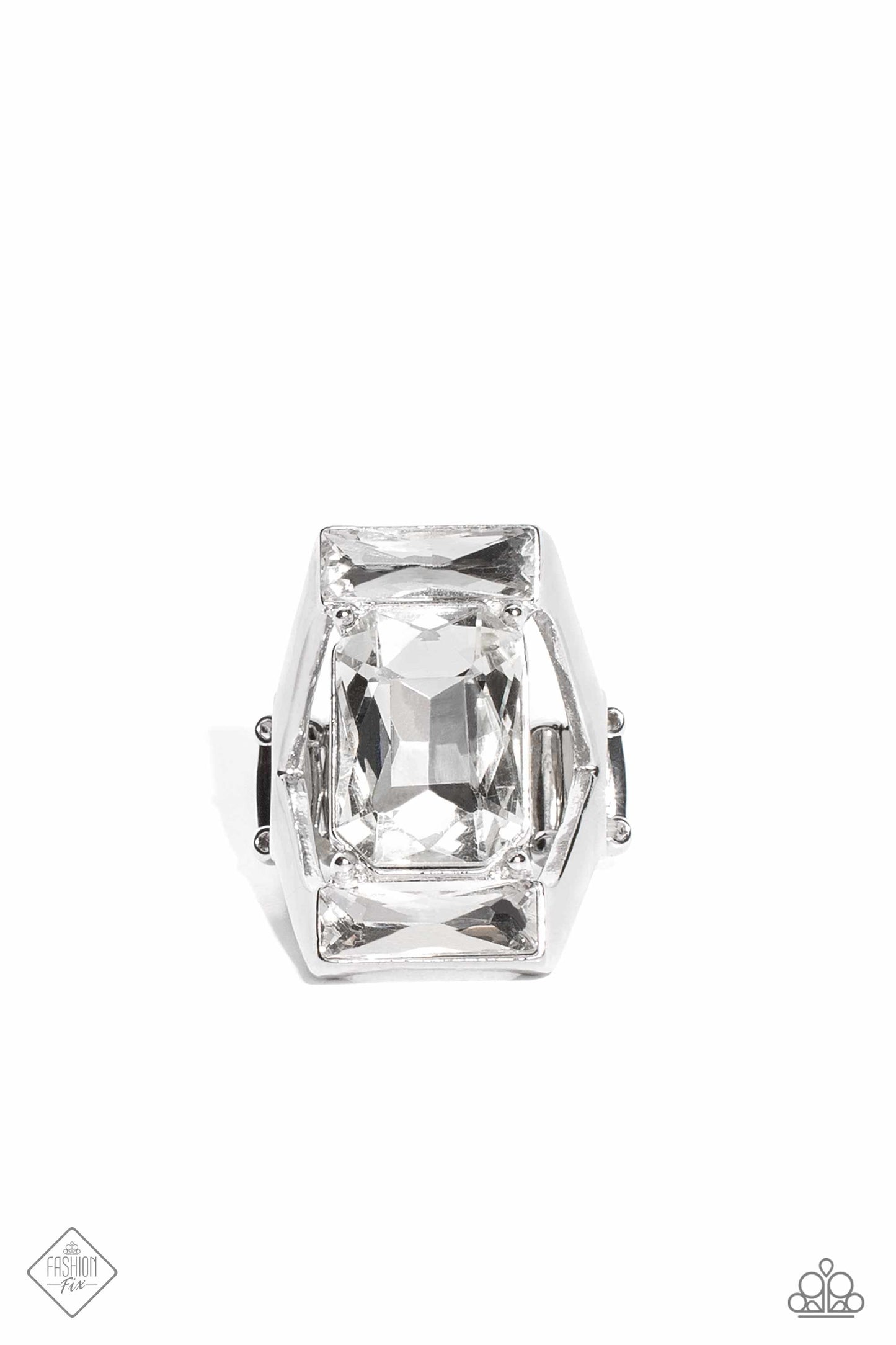 Right As CHAIN - White Oversized Emerald Cut Gem Ring Fashion Fix Paparazzi March 2023 R0430