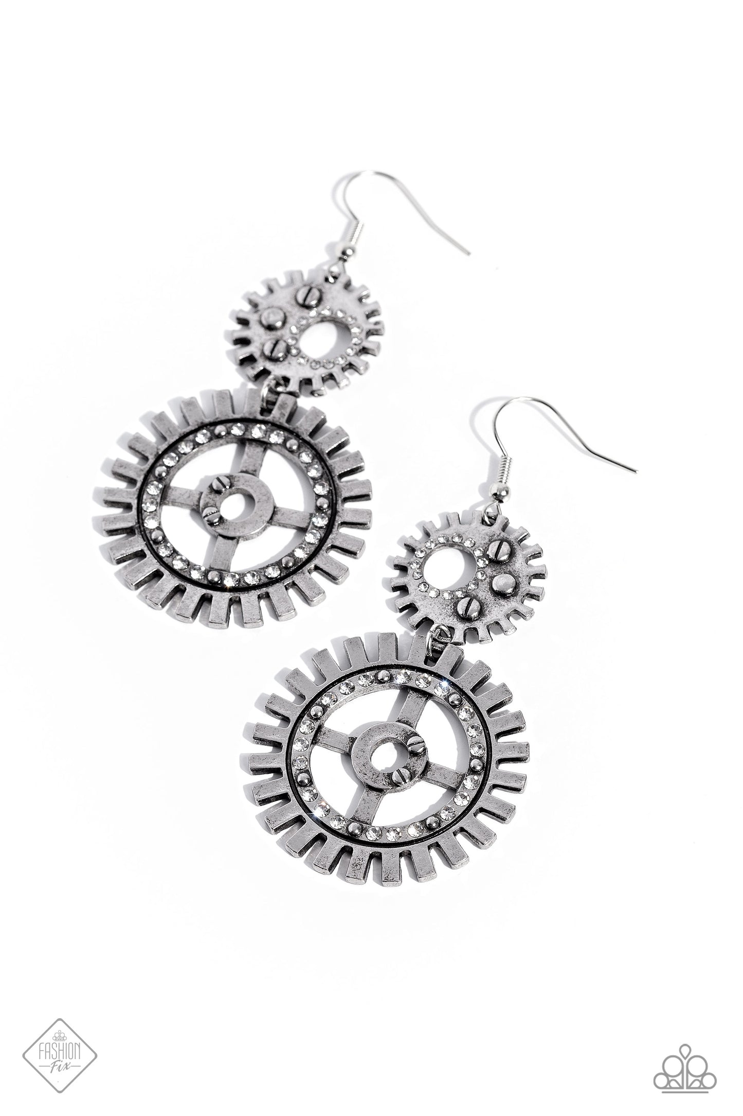 I Have a STEAMPUNK - White Rhinestone Silver Steampunk Style Earring April 2023 Fashion Fix E1575