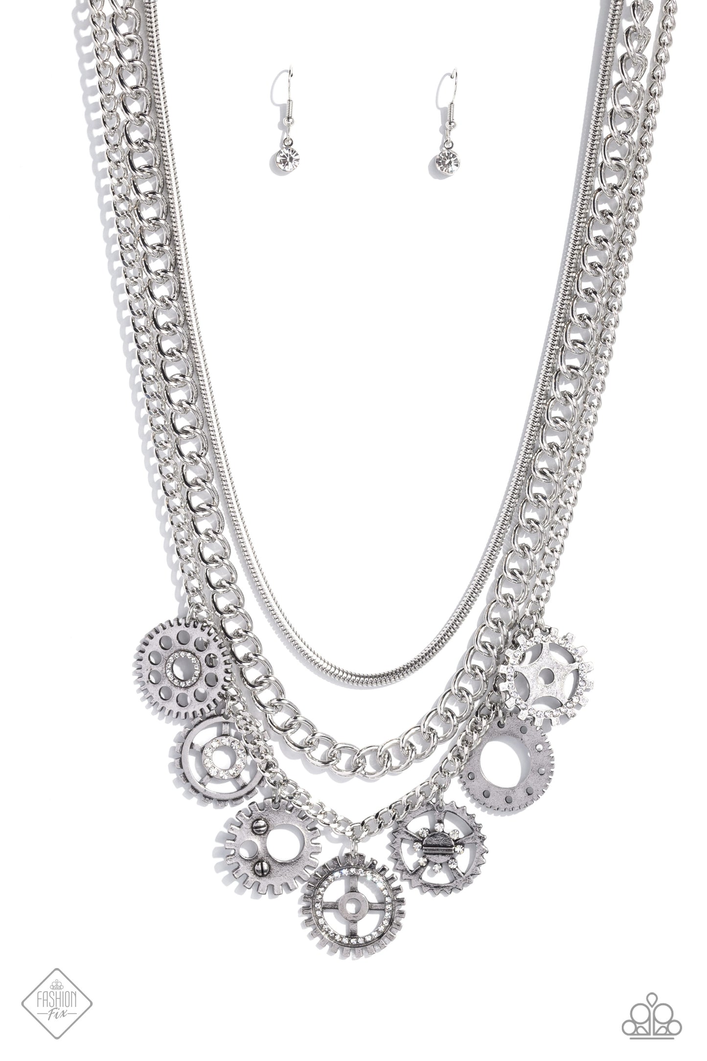 Running Out of STEAMPUNK - White Rhinestone Silver Steampunk Necklace April 2023 Fashion Fix Paparazzi N1805