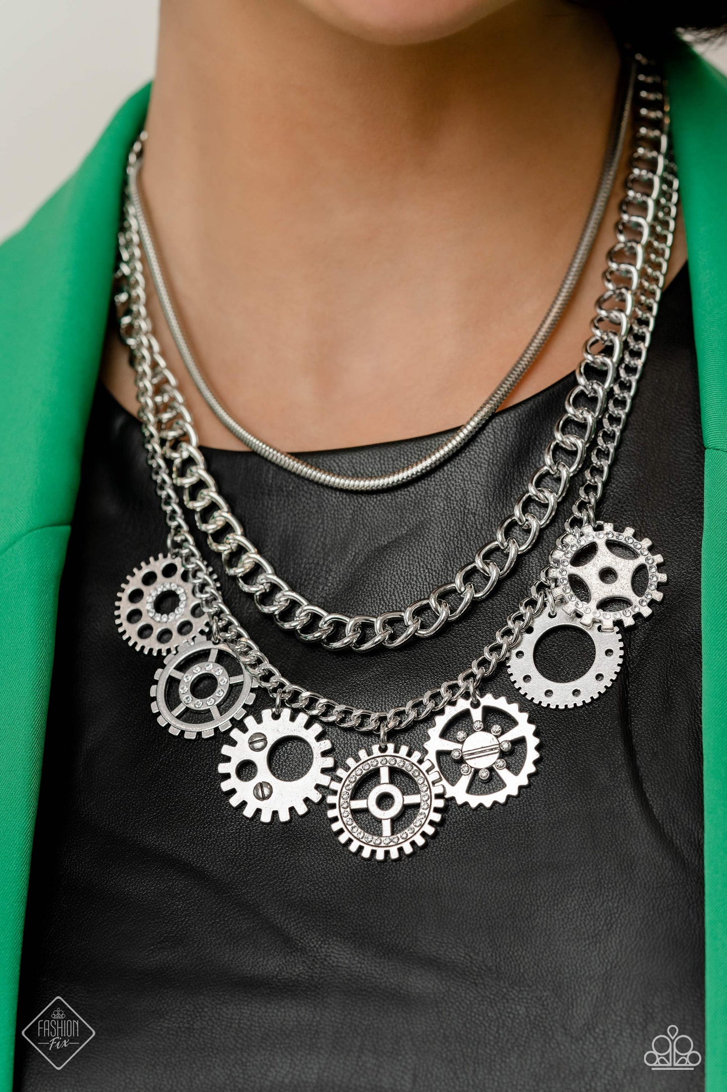 Running Out of STEAMPUNK - White Rhinestone Silver Steampunk Necklace April 2023 Fashion Fix Paparazzi N1805