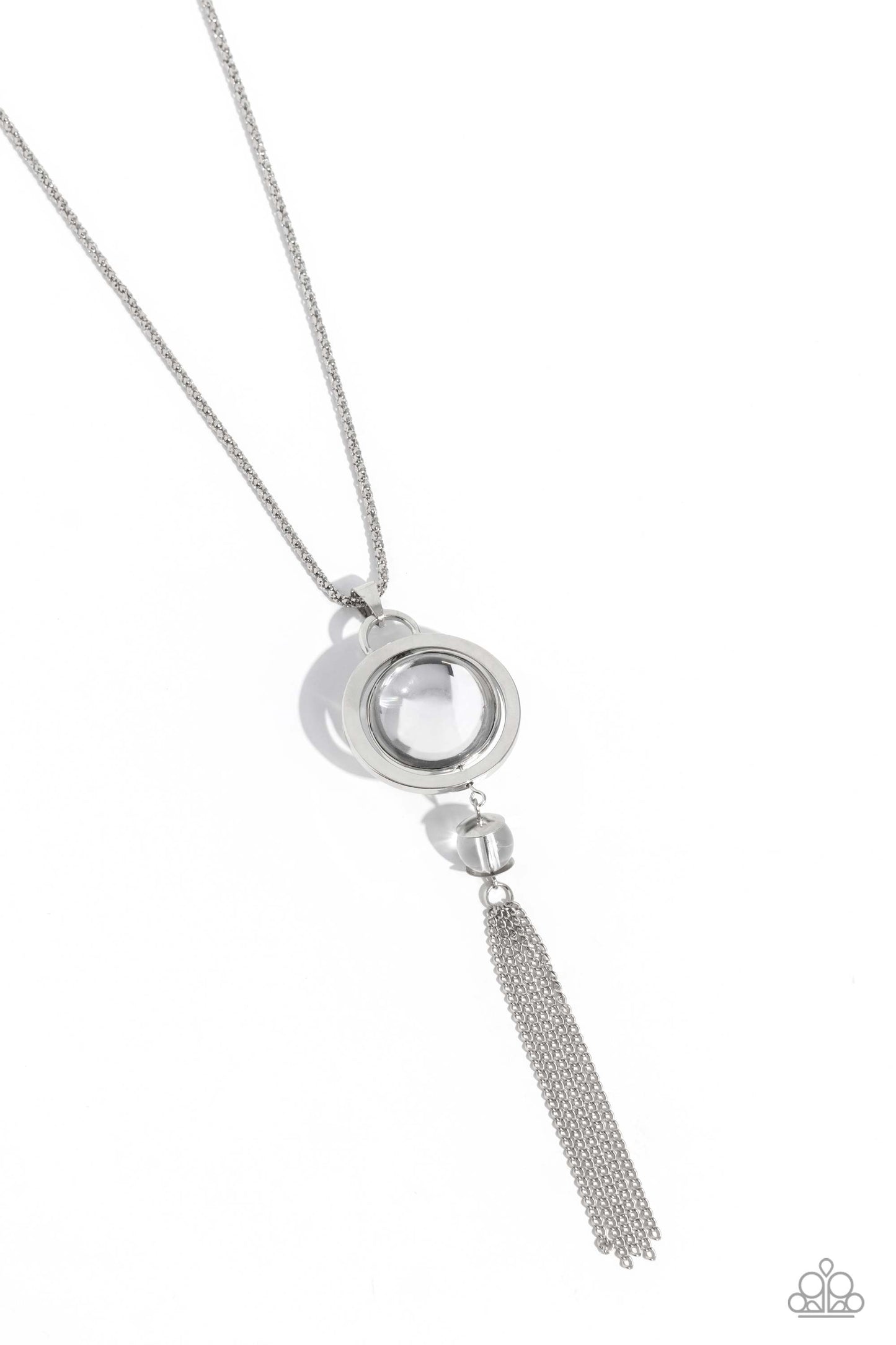 Rotating Radiance - White Clear Sphere & Silver Box Chain Necklace Paparazzi N2039