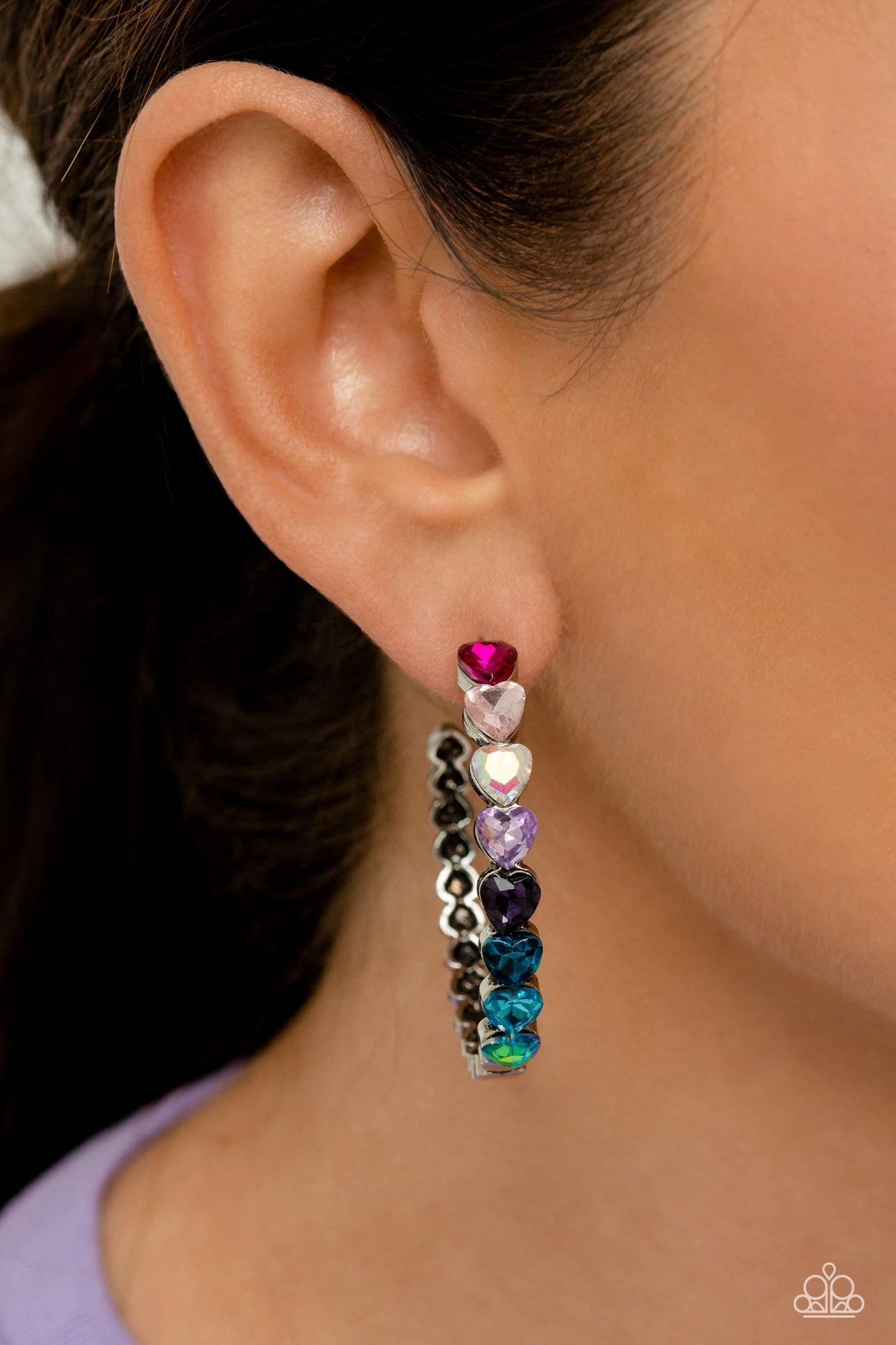 Hypnotic Heart Attack - Multi Colored Heart Rhinestone Hoop Earring Life Of The Party June 2023 Paparazzi E1416