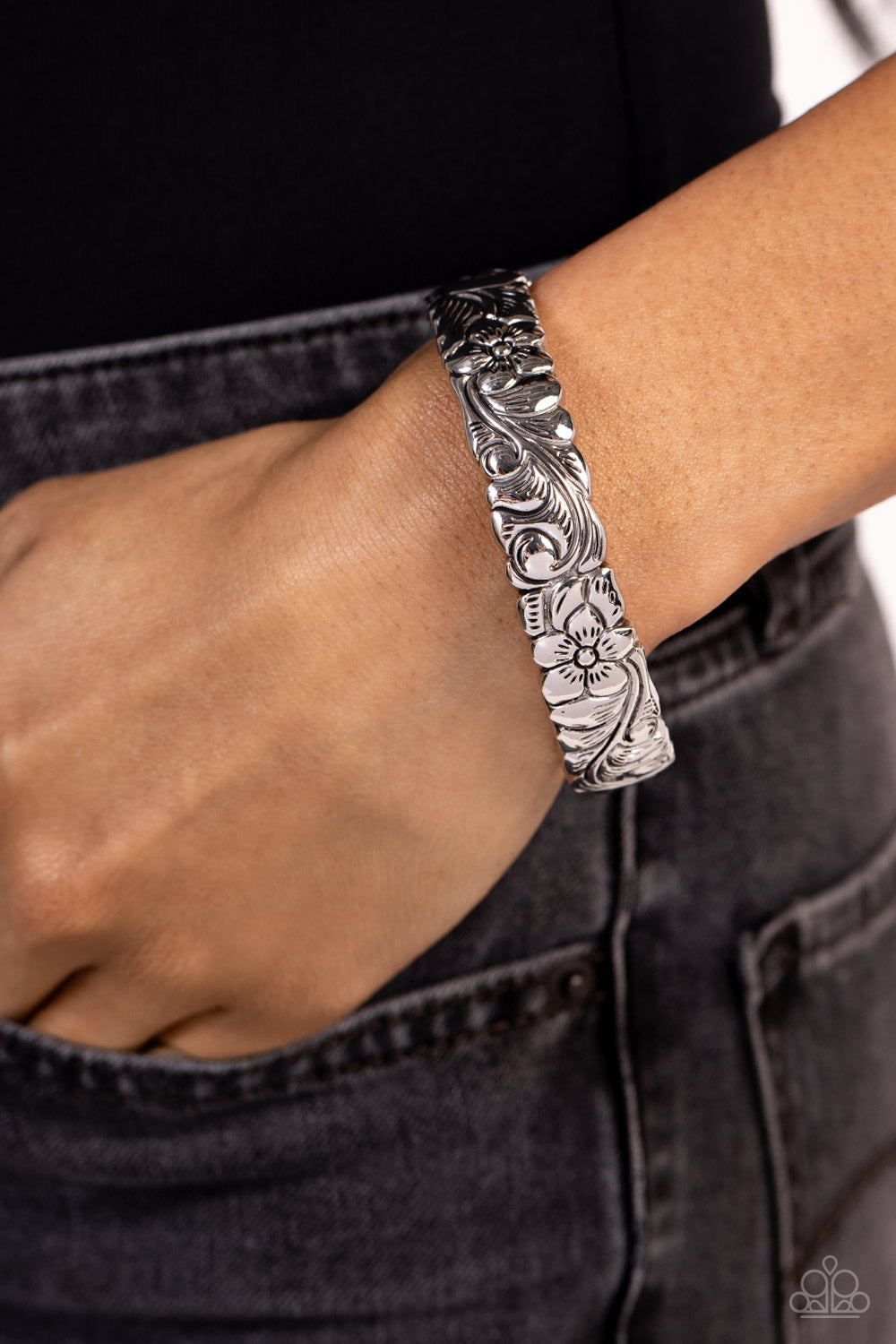 Grounded Grace - Silver Floral Pattern Hinge Bracelet Paparazzi B1444