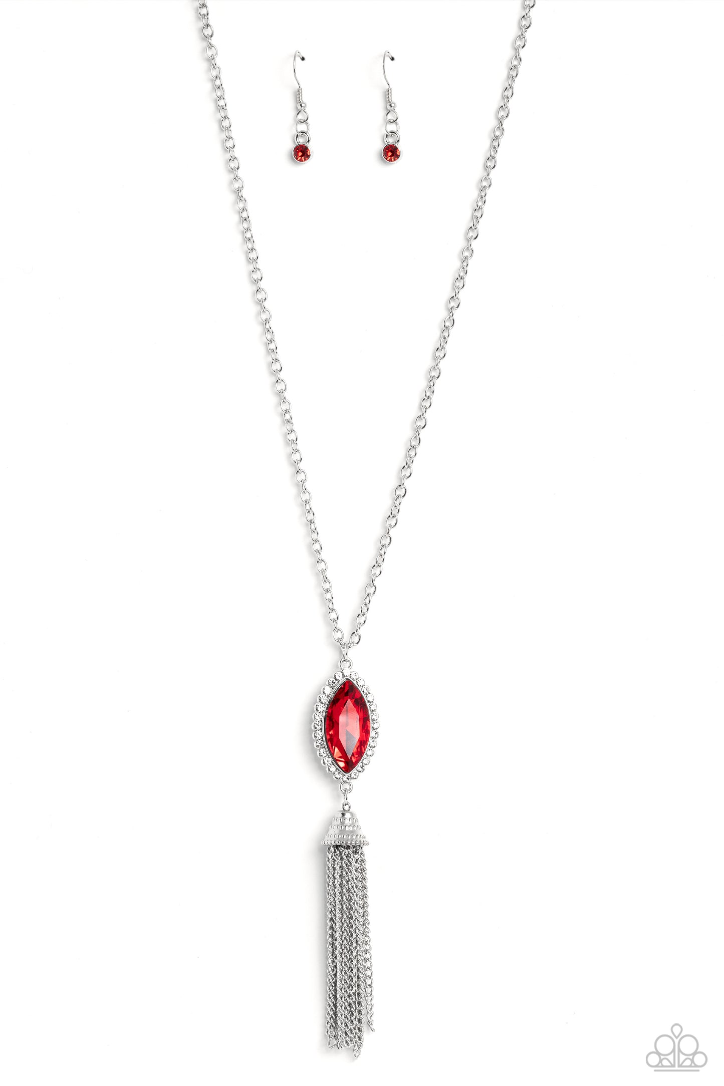 Tassel Tabloid - Red & White Gem Tassel Necklace Paparazzi N1979