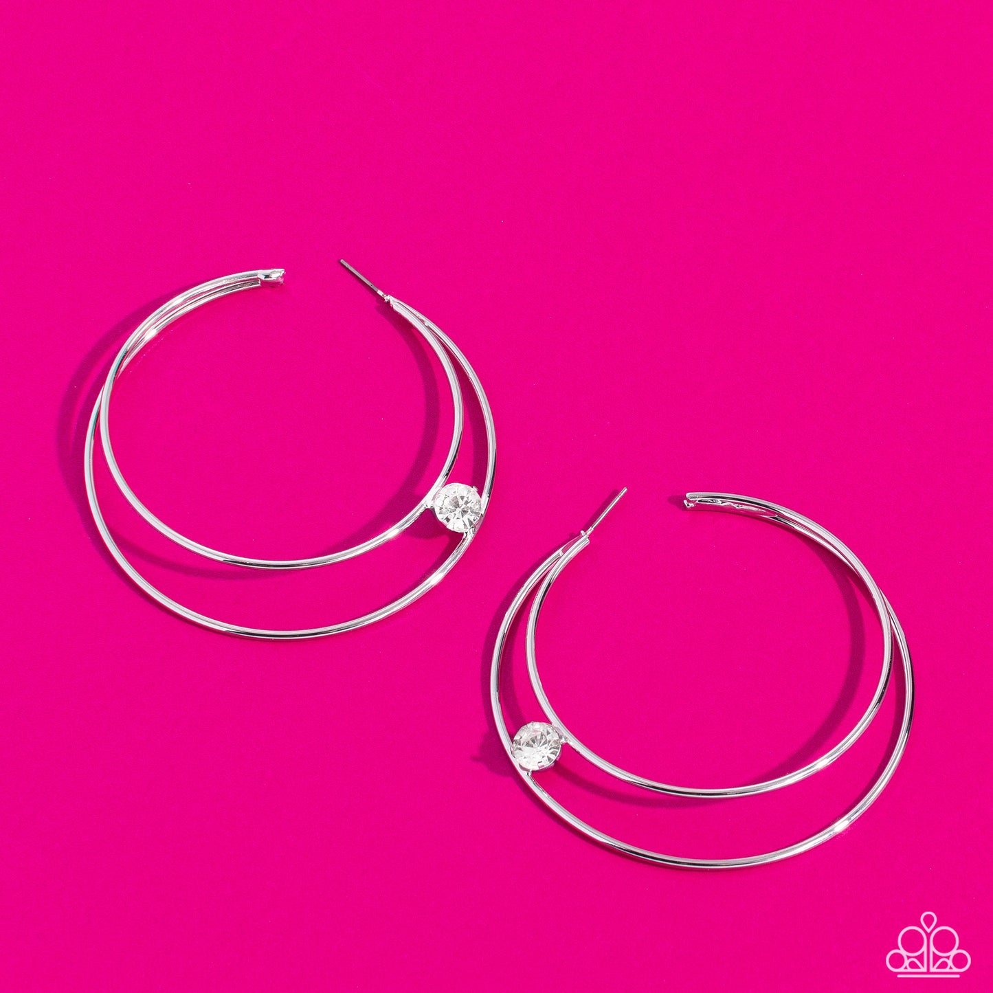 Theater HOOP - White Rhinestone 2 Inch Hoop Earring Life Of The Party May 2023 Paparazzi E1415