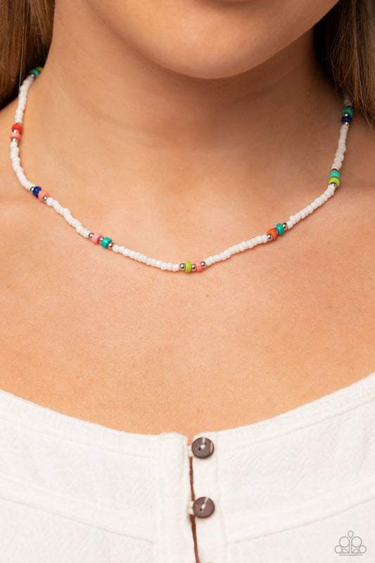 Tis the SEA-SUN - White Seed Bead & Multicolored Stone Necklace Paparazzi N1968