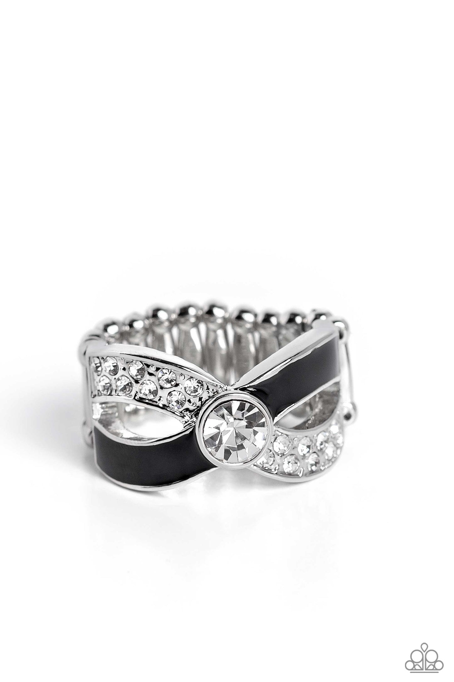 CROSSED and Found - Black Painted Stripe & White Rhinestone Ring Paparazzi R0515