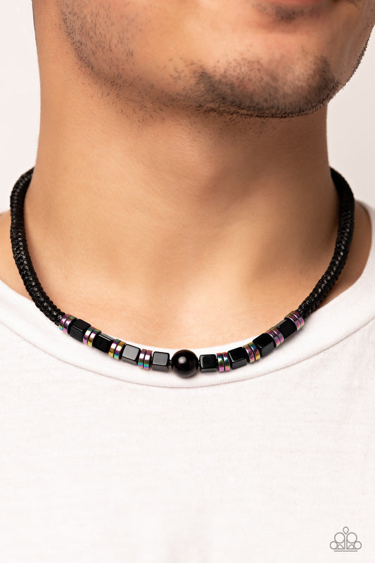 Oil Spill Orbit - Black Cord Metallic Oil Spill Disc Urban Necklace Paparazzi N0782