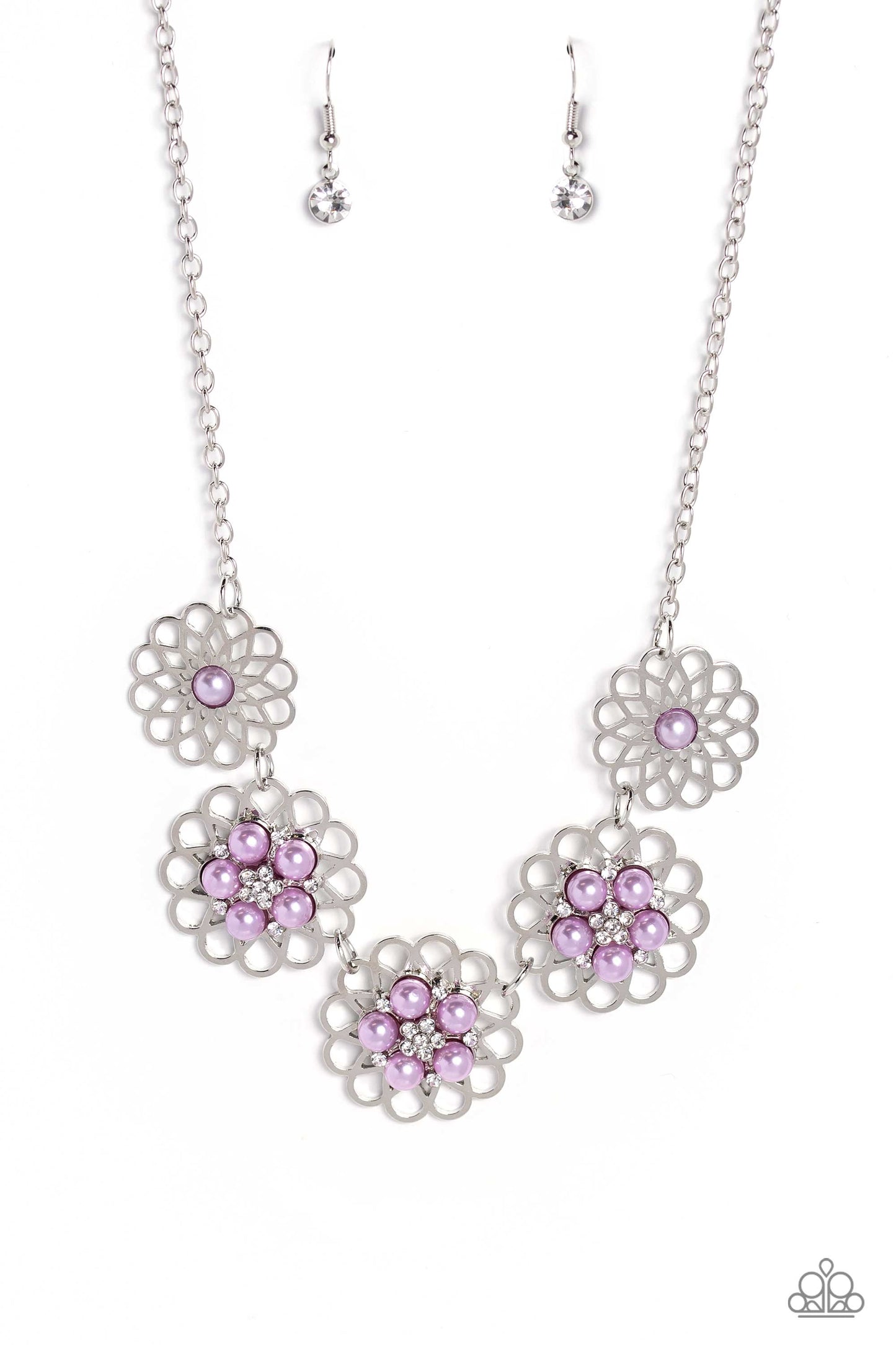 Mandala Mosaic - Purple Lavender Pearl White Rhinestone Flower Necklace Paparazzi N1606