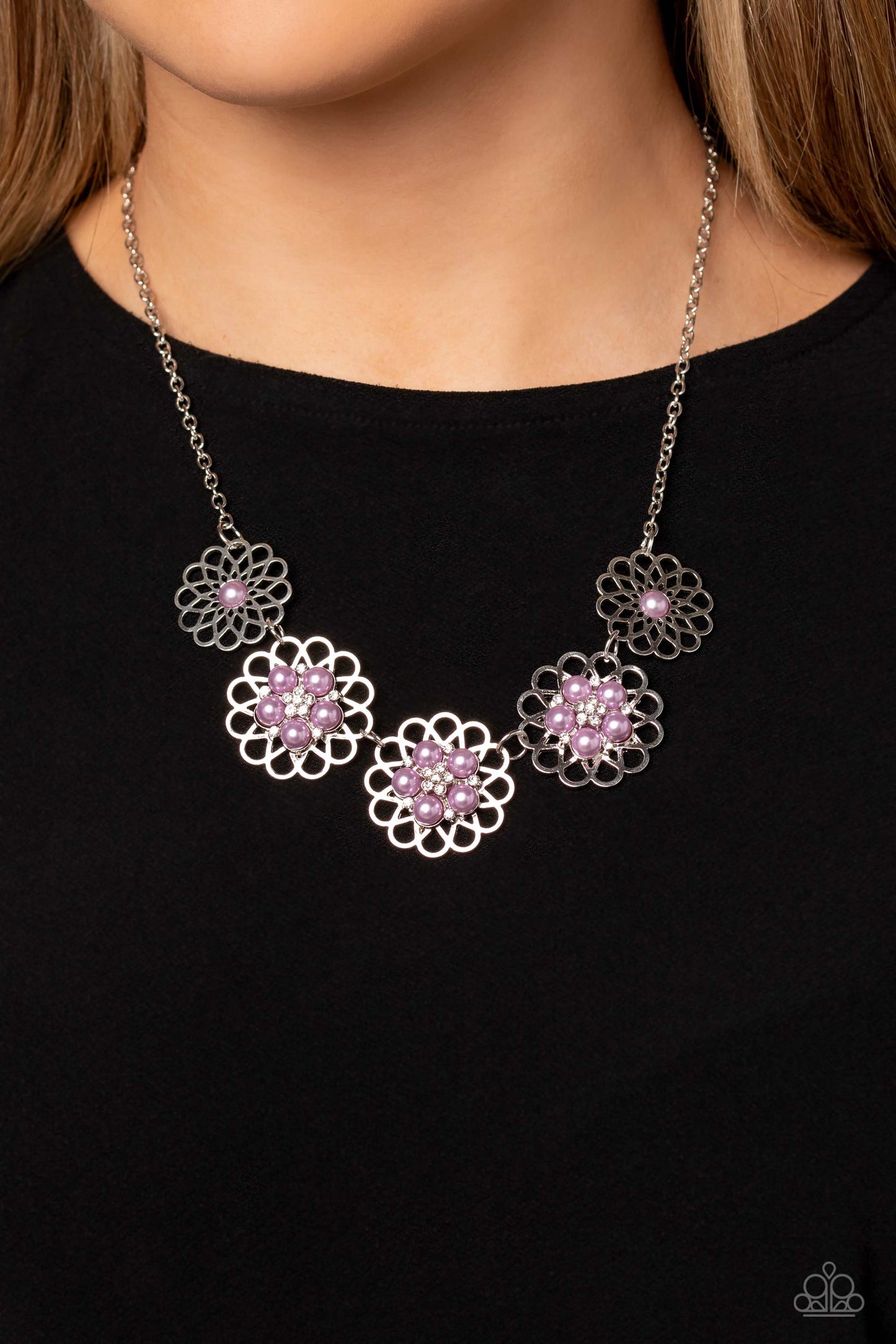 Mandala Mosaic - Purple Lavender Pearl White Rhinestone Flower Necklace Paparazzi N1606