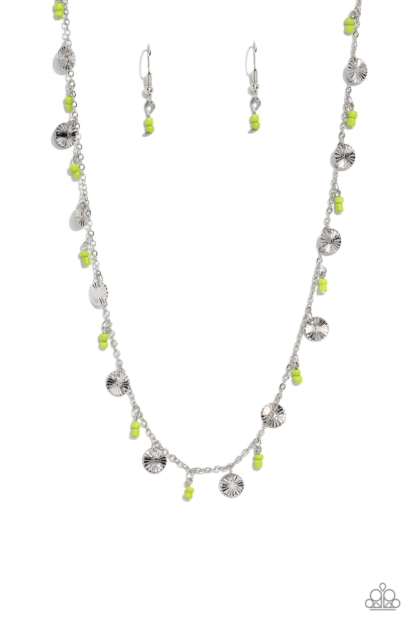 Sand Dollar Sass - Green Leek Seed Bead & Silver Disc Necklace Paparazzi N1657