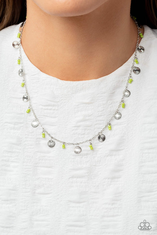 Sand Dollar Sass - Green Leek Seed Bead & Silver Disc Necklace Paparazzi N1657