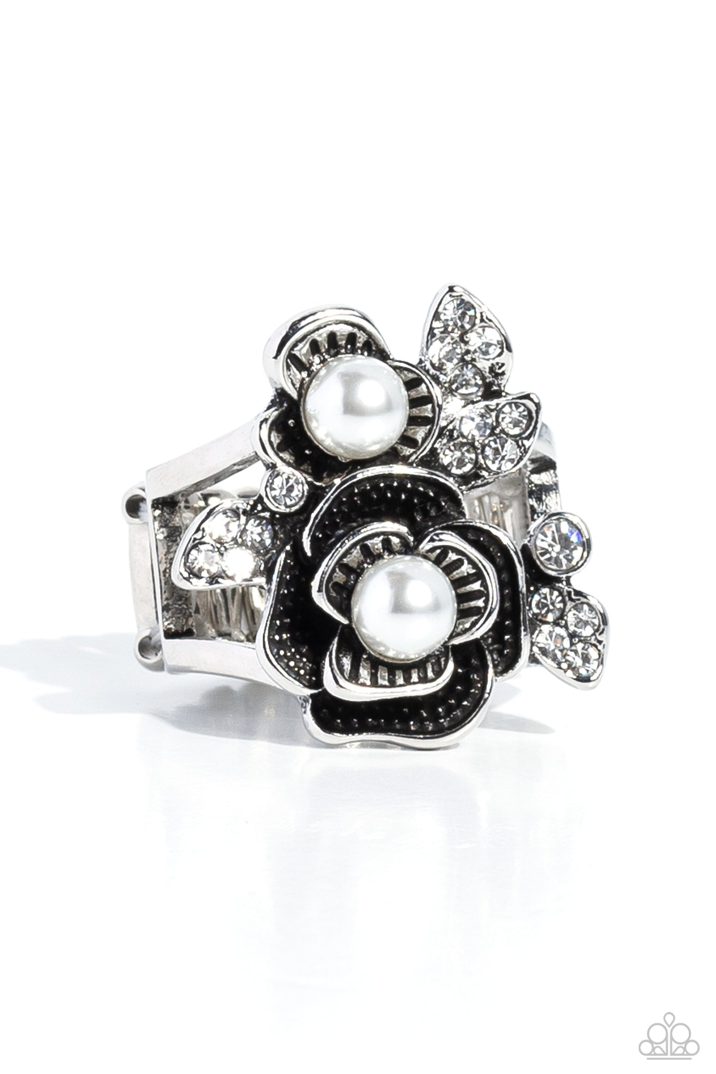 Fine-BLOOMING - White Pearl & Rhinestone Silver Flower Ring Paparazzi R0583