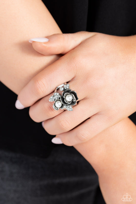 Fine-BLOOMING - White Pearl & Rhinestone Silver Flower Ring Paparazzi R0583