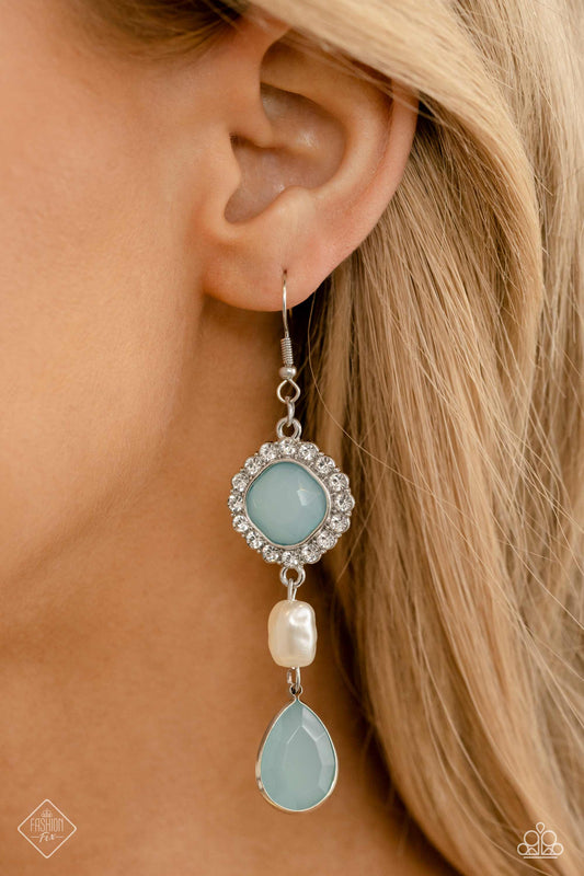 European Energy - Blue Skylight Bead White Rhinestone Earring Fashion Fix April 2023 Paparazzi E1577