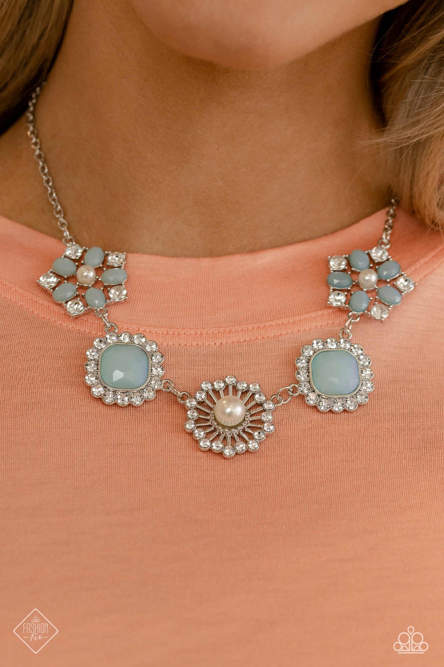 Flower Crown - Blue Skylight Bead & White Pearl Necklace Fashion Fix April 2023 Paparazzi N1807