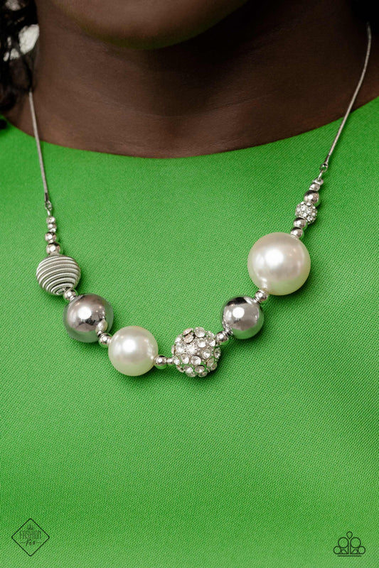 Caliber Choreographer - White Pearl Rhinestone & Silver Bead Necklace Fashion Fix April 2023 Paparazzi N1808