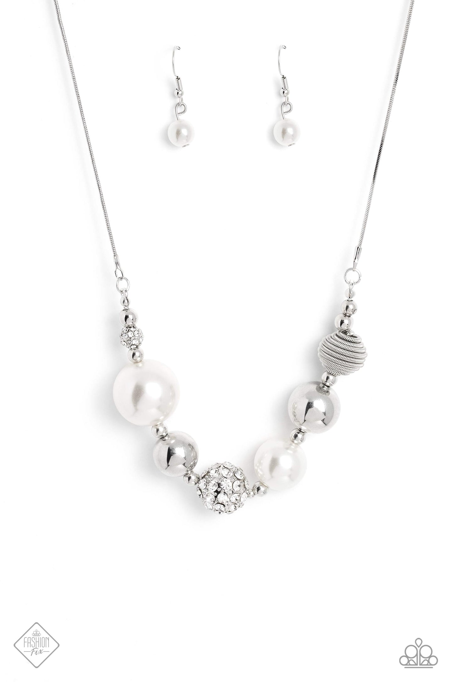 Caliber Choreographer - White Pearl Rhinestone & Silver Bead Necklace Fashion Fix April 2023 Paparazzi N1808