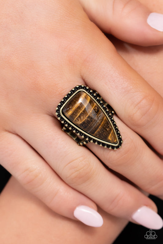 Earthy Engagement - Brass Tiger's Eye Ring Paparazzi R0493