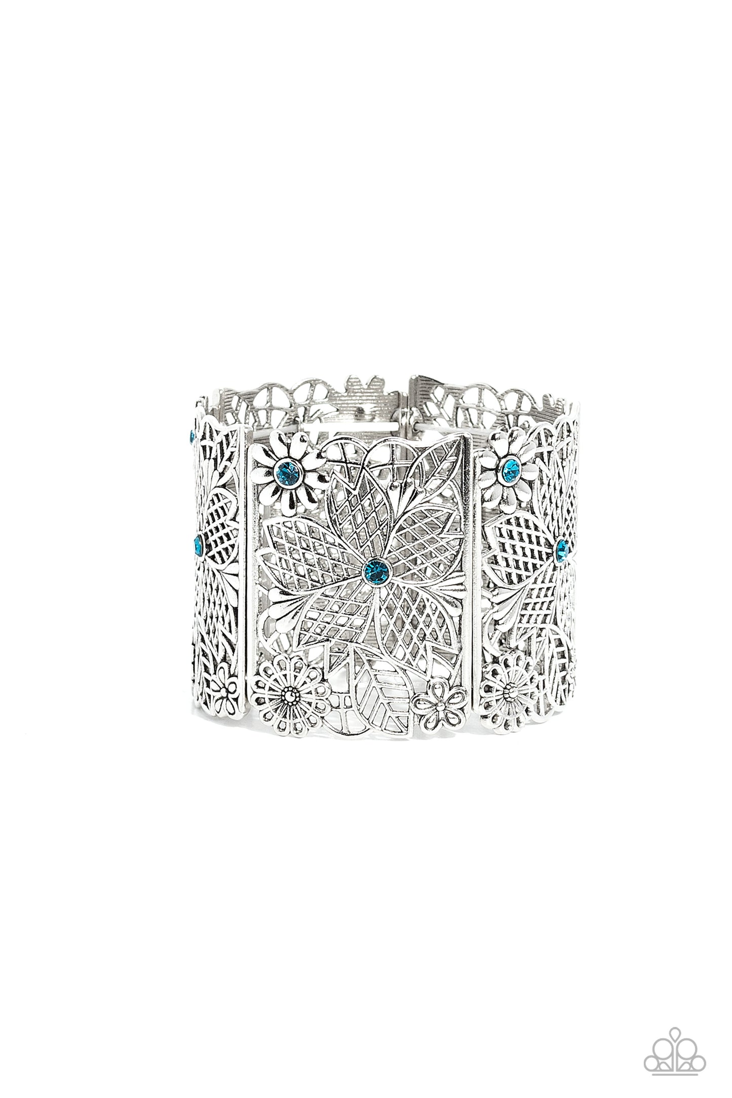 Garden City - Blue Rhinestone Floral Filigree Silver Stretch Bracelet Paparazzi B1269